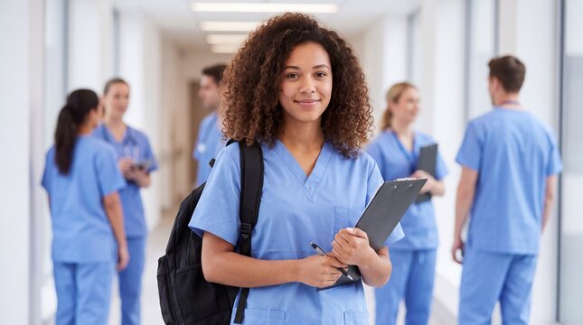Female healthcare student in scrubs holds clipboard while standing in a hospital corridor with peers in the background