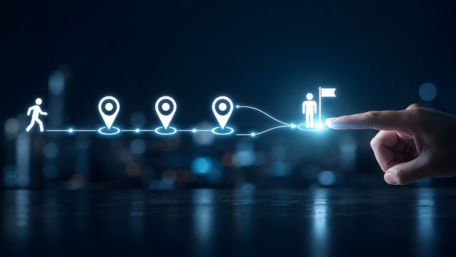 Hand pointing at a glowing digital roadmap sequence showing a user journey to a goal with city background