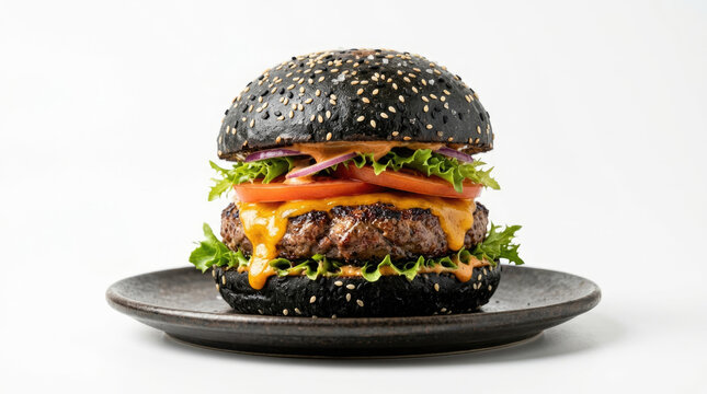 Gourmet black bun cheeseburger served on a dark plate, minimalist food photography for modern restaurant menu