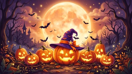 Fototapeta premium A vibrant halloween scene features glowing jack o lanterns wearing a witch hat under a massive full moon with flying bats in a spooky forest