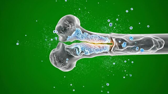 Animation Of Bone Fracture Healing Process With Visual Effects Isolated On Green Screen Background Illustrating Cellular Activity And Recovery During Medical Treatment