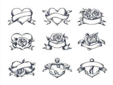 Collection of vintage tattoo style illustrations with hearts, roses, and anchors with banners isolated on white background