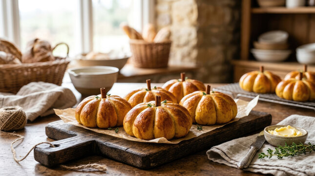 Pumpkin shaped bread rolls on a rustic wooden cutting board in a cozy kitchen, warm autumn baking concept