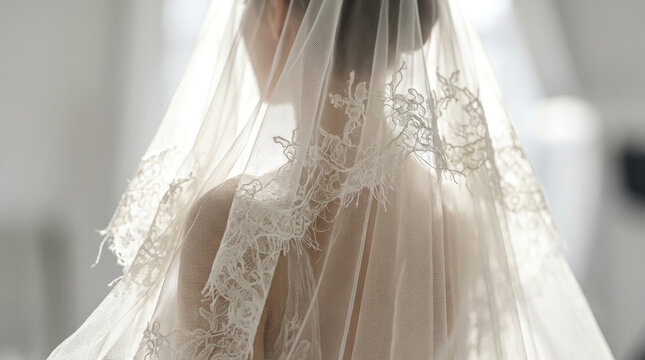 Rear view of bride wearing sheer lace wedding veil in bright morning light for romantic bridal concept