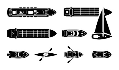 Vector Nautical Vessels Collection: Cargo Ship, Sailboat, Yacht, Kayak, Rowboat, Top View
