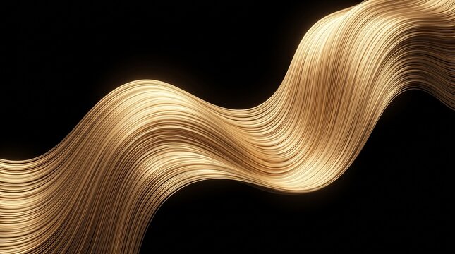 Luxurious blonde human hair strand, flowing and wavy, with golden highlights, showcasing its silkiness and health against a stark black background. Close-up macro view.