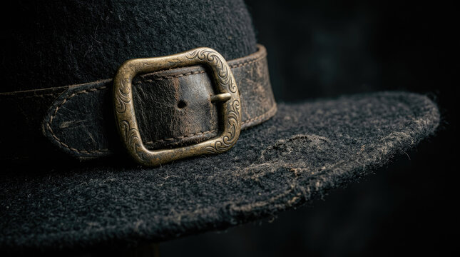 Weathered black felt hat with ornate brass buckle, classic pilgrim costume in dramatic dark studio lighting