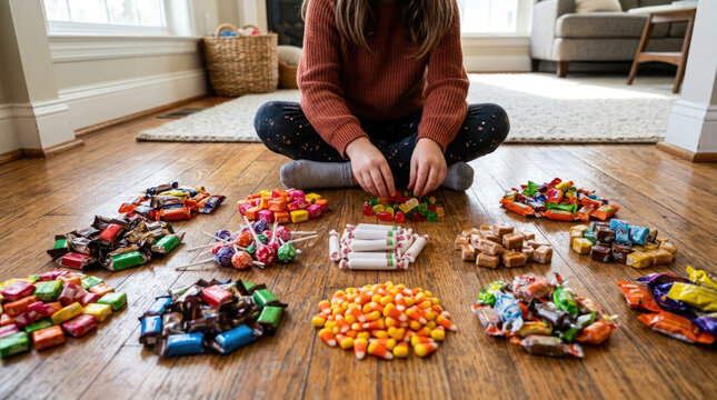 Young child sorting a large variety of colorful Halloween candy piles on a wooden floor at home, sweet holiday treat