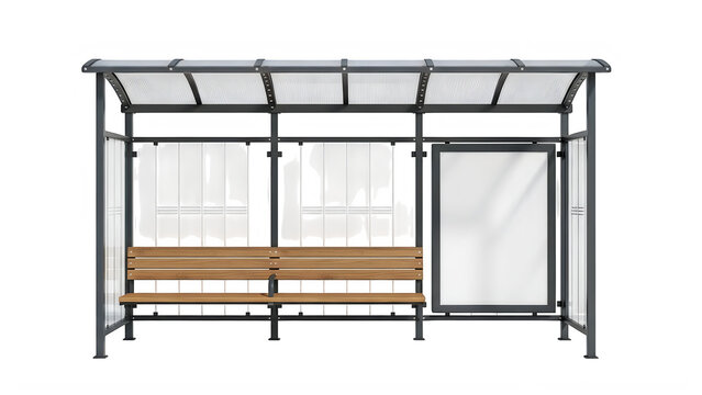 Modern bus stop shelter with bench and metal frame in urban setting