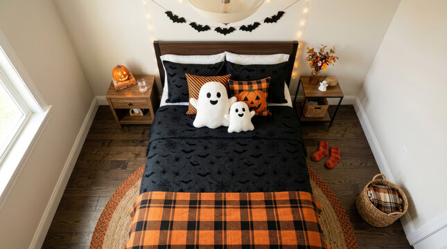 Cozy bedroom decorated with Halloween ghost pillows and plaid blankets for a festive autumn home interior design