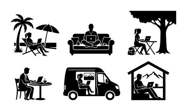 Remote Work Icons: Digital Nomad Lifestyle, Freelancer, Home Office, Travel Van Life