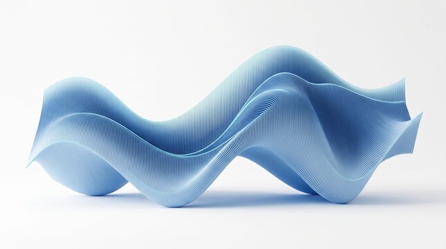 Abstract 3D rendering of a smooth, undulating light blue ribbon-like form, creating organic wave patterns against a clean, minimalist white background with subtle gradient lighting