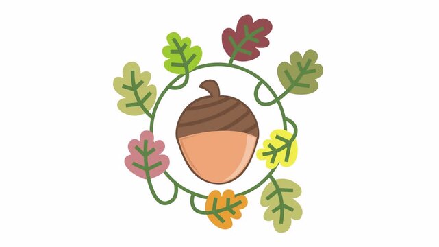 Autumn acorn cartoon animation surrounded by a colorful oak leaf vine frame isolated on an alpha channel for Thanksgiving element design.