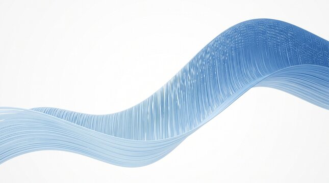 Abstract flowing blue wave ribbon made of translucent 3D geometric filaments isolated on a white background