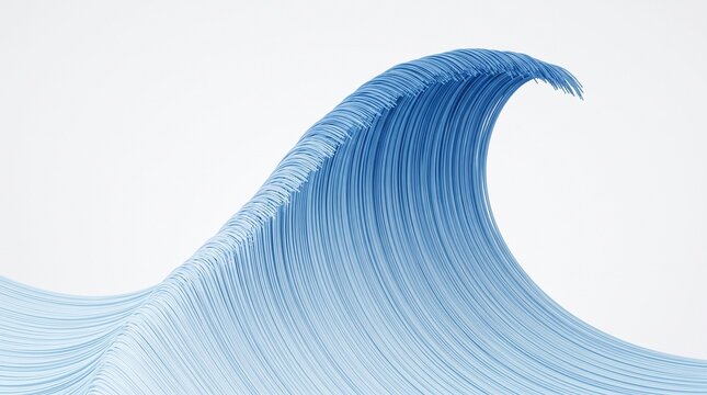 Minimalist digital graphic art of a stylized, perfectly curved blue ocean wave with rhythmic, flowing line patterns isolated against a clean, solid white background.