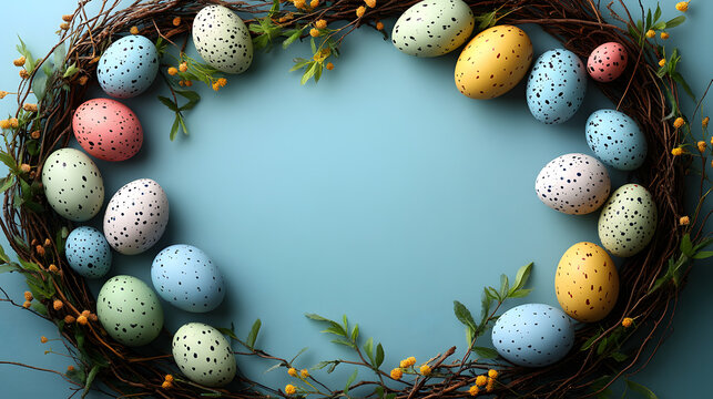 Easter nest wreath made of twigs and colorful painted eggs on a blue background