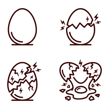 Set of cracked and broken egg icons in outline style with breakfast ingredient culinary