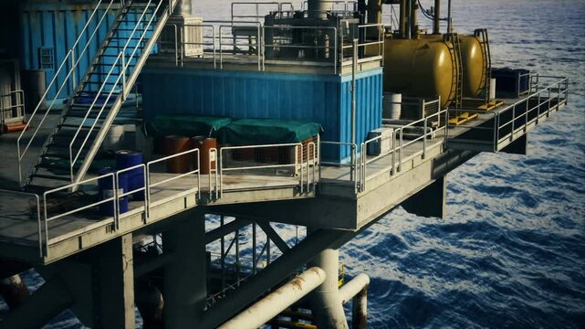 Offshore oil rig layered decks with processing units, tanks and conduits, complex systems interlinked across platforms with steady sea under overcast light