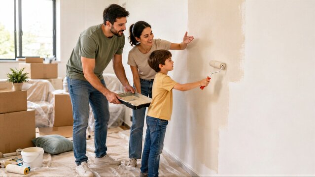 First paint stroke becomes family milestone as child joins parents in decorating new home, expressing belonging, teamwork, confidence and joyful shared progress together.