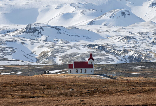 Panoramic view of Ingjaldsholskirkja church in Hellissandur, Iceland. Incredible Image of Icelandic landscape and architecture. Isolated church in a scenery of Scandinavia