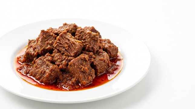 Indonesian beef rendang stewed in coconut milk and spices served on a white ceramic plate isolated on white background.