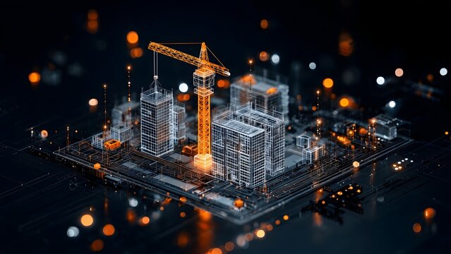 Digital twin smart city construction concept showing wireframe building architecture on microchip circuit board