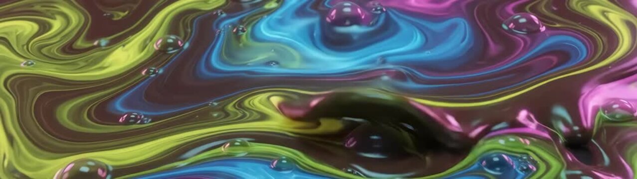 Swirling slime forming a glossy surface showing a colorful flow pattern with small bubbles across the material.