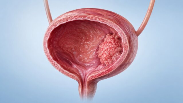 Bladder cancer shown in premium clinical CGI with irregular malignant tumor arising from inner bladder wall, isolated on a clean medical background