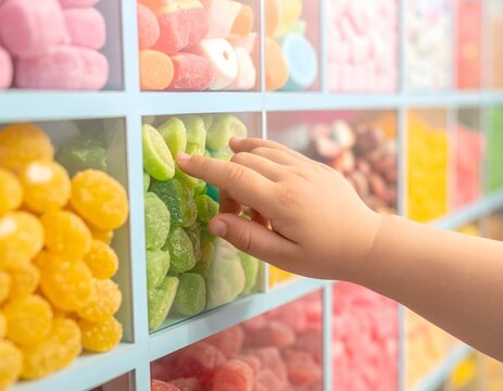 Child reaching for colorful assortment of gummy candies in a shop