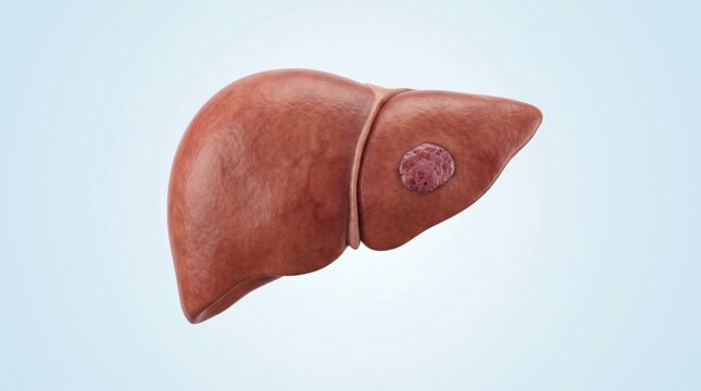 Hepatic hemangioma shown in premium clinical CGI with well-defined benign vascular liver lesion isolated on soft blue medical background