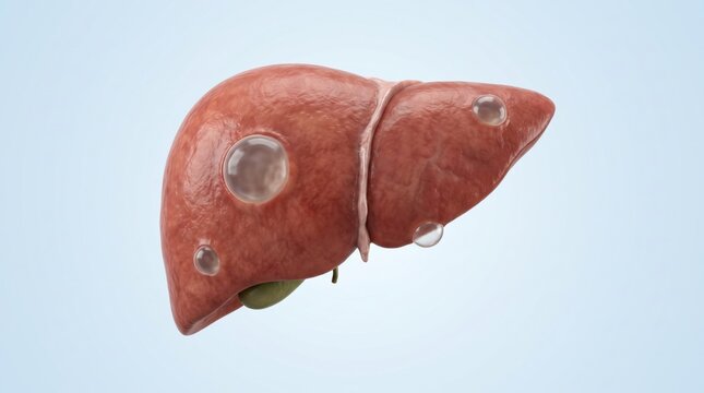 Simple liver cysts shown in premium clinical CGI as thin-walled fluid-filled lesions within hepatic tissue on a clean medical background