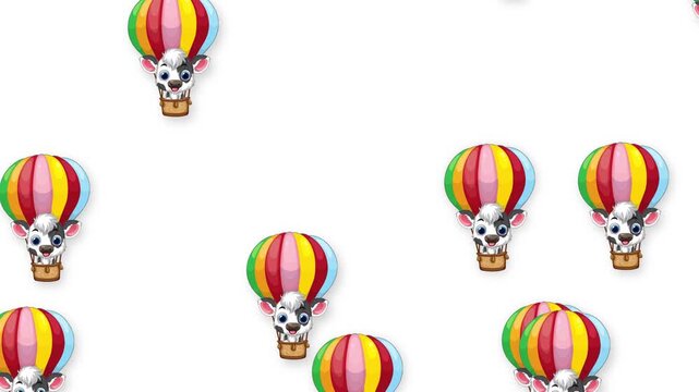 Cartoon Cow Characters Floating in Colorful Hot Air Balloons Animation
