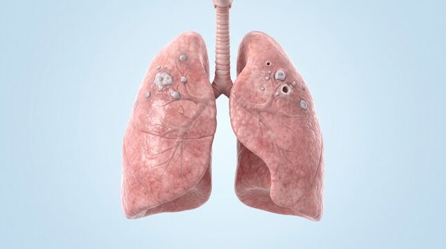 Pulmonary tuberculosis shown in premium clinical CGI with upper lung granulomatous lesions and small cavitary changes on clean medical background