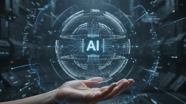 Futuristic ai technology concept with a glowing digital brain and circuit board held in a human hand against a dark hightech background