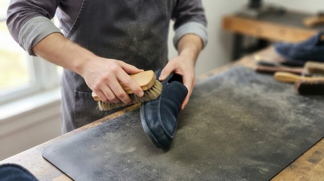 A master artisan meticulously cleans and restores a fine suede loafer in a rustic workshop