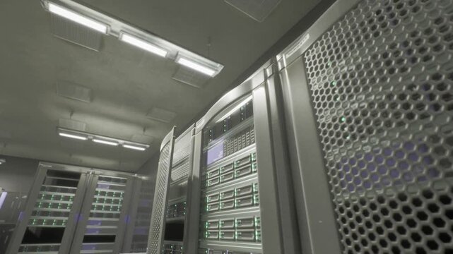 Energy efficient servers under soft lighting, sustainable cooling layout, airflow optimization and renewable power integration, modern ecofocused operations