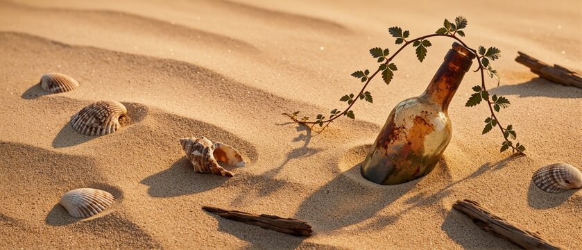 Old Glass Bottle with Green Plant Branch and Seashells on Sandy Beach at Sunset