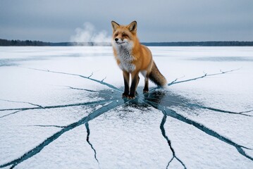 Naklejka premium Red Fox Standing on Cracked Frozen Lake Surface in Winter Landscape