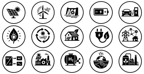 Fototapeta premium Set of black and white renewable energy and sustainable power icons in oval frames on white background