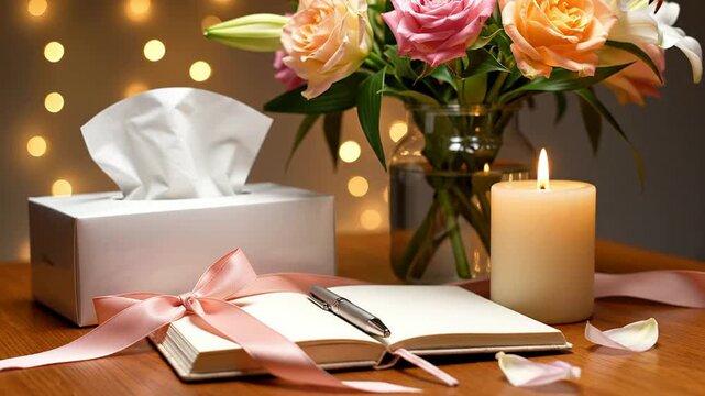Cozy Scene Featuring Tissue Box, Colorful Flowers, Candle, and Notebook for Emotional Support and Relaxation