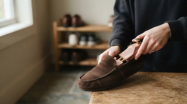 Suede Loafer Maintenance with Cedar Shoe Trees for Timeless Footwear Preservation and Artisan Care in a Refined Domestic Setting for Fashion Lovers