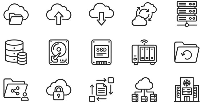 Set of fifteen thin line icons representing cloud computing data storage networking and digital information management technology