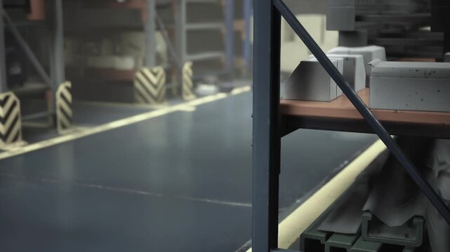 A vibrant warehouse scene highlights orderly shelves filled with supplies. Workers navigate between stacks, creating an energetic atmosphere of productivity and teamwork.