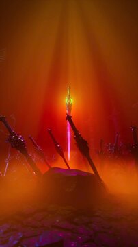 Dark Fantasy 3D Animation of Legendary Sword with Glowing Green Gem in Cursed Graveyard