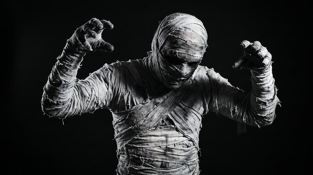 A terrifying ancient mummy wrapped in white bandages stands in the dark shadows creating a spooky atmosphere for a classic halloween celebration horror themed event