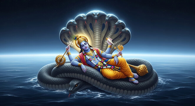 Lord vishnu reclining on shesha naga in the cosmic ocean