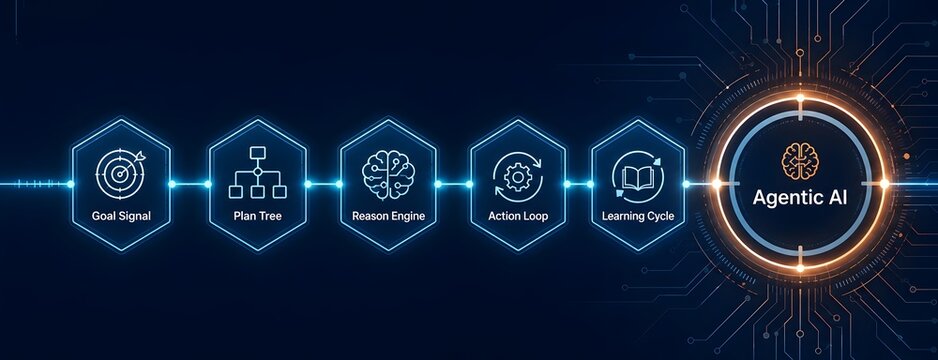 Agentic AI Cognitive Processing Pipeline Concept Showing Hexagonal Nodes from Goal Signal to Learning Cycle on a Cyber Circuit Background