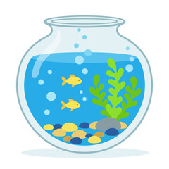 Naklejka premium Glass Fishbowl with Goldfish Underwater Seaweed and Pebbles