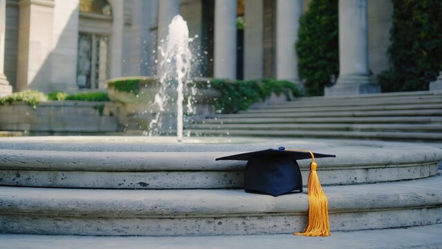 Graduation cap on stone steps near fountain
