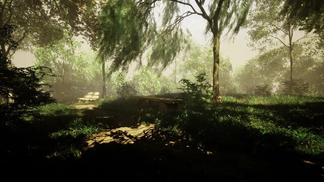 A peaceful forest scene unfolds as gentle light dances on leaves and shadows embrace the ground. Serenity pervades the air, inviting calm in natures embrace amidst vibrant greenery.